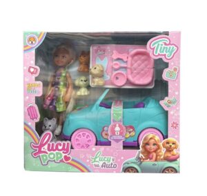 MUÑECA LUCY POP Y SU AUTO DE PASEO CON ACCESORIOS COD 55657 VER